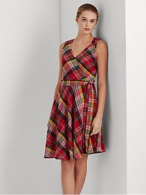 Ralph Lauren Red Plaid Crinkle Cotton Sleeveless Dress Size 0